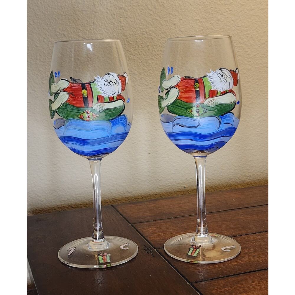 2 Tropical Nautical Christmas Wine Glasses Hand Painted Santa Claus & Seagull 9"